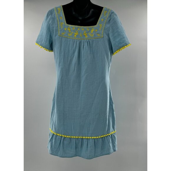 Boden Women's Bernadette Embroidered Blue Cotton Tunic Dress Yellow Trim Size 6 - Picture 6 of 10